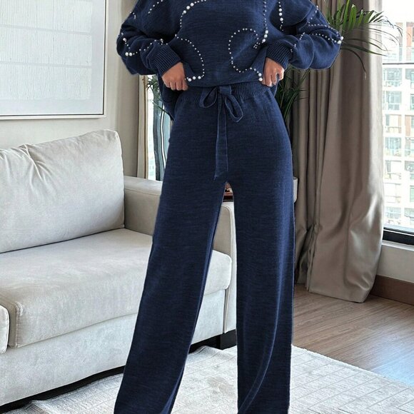 Navy Blue Casual Women's Crew Neck Beaded Drop Shoulder Sweater & Wide Leg Pants - Picture 3 of 6